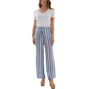 BCX Women's medium white blue striped wide leg palazzo high waisted pants NWT